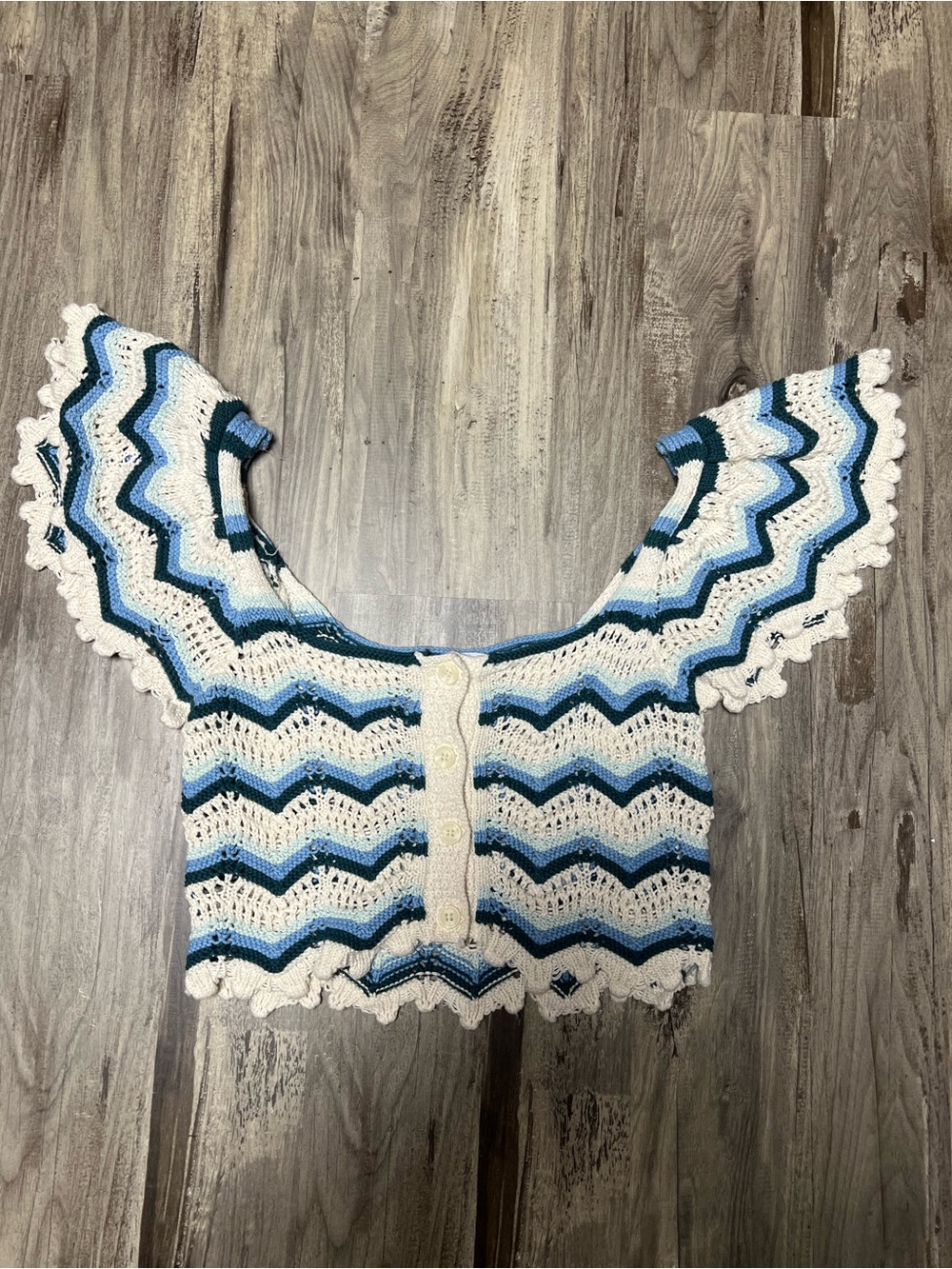 Zara Chevron Stripe Crochet Crop Top Blue Cream Boho Size Small S